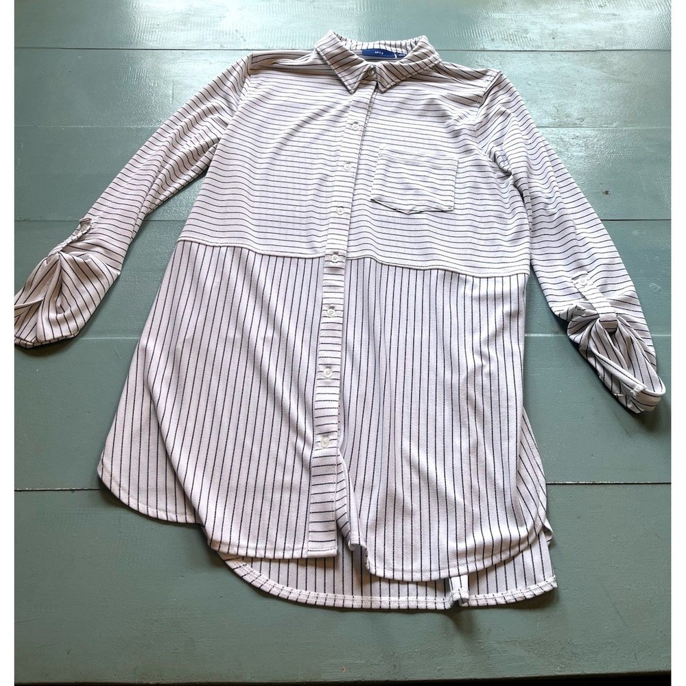 Apt 9 White Black‎ Pinstripe Roll Tab Blouse Womens M Minimalist Striped Top M